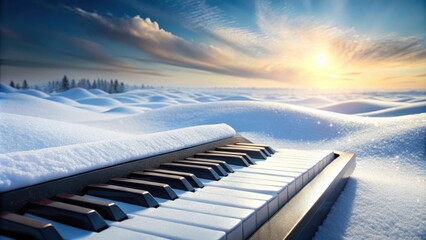 Piano keys covered in snow on a vast winter landscape for music background
