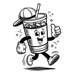 Cheerful cup character with a cap and ice, giving a thumbs up, vector whimsical illustration