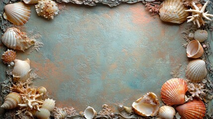 Obraz premium Seashells and Starfish Bordering a Teal and Orange Textured Surface