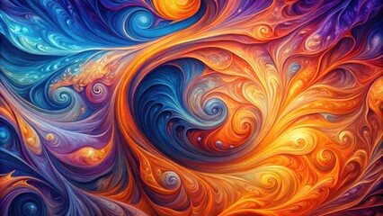 Vibrant abstract painting with colorful swirls of orange, blue, and purple hues
