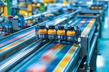 Industrial Conveyor Belt with Yellow Containers and Moving Products