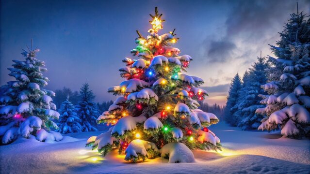 Snow covered Christmas tree with multi colored lights for festive holiday decorations