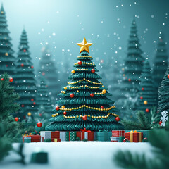 Obraz premium Origami Christmas Tree With Christmas Star In Top Light Snow And Presents, With Copy Space, Christmas Holiday, Holiday Season