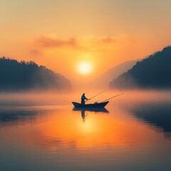 Fisherman catches fish at dawn