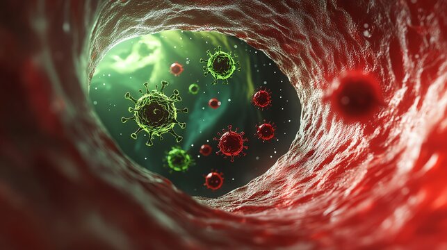 Virus cells inside organism, digital illustration