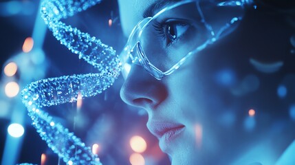Futuristic woman with DNA strand, glowing lights