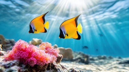 Fototapeta premium Colorful Fish Swimming Over Coral Reef in Clear Water