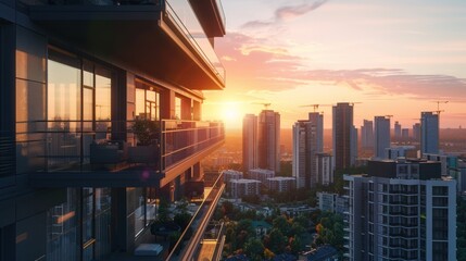 A city skyline with a beautiful sunset in the background