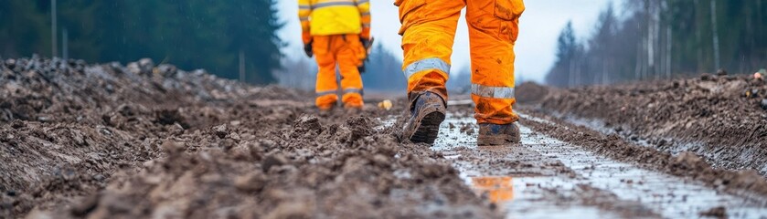 Two workers in bright orange gear walk through muddy terrain, indicative of construction or outdoor labor activities amidst a forested landscape.