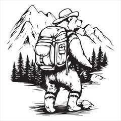 vector design of an explorer Bear hiking in the mountains with a backpack and hat inside a Design, simple line art drawing, white background