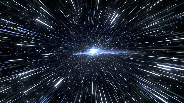 Abstract Blue and White Lights Streaking Across Black Background, Creating a Starry Night Sky Effect
