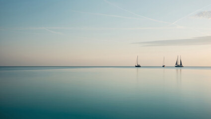 Blurred sea background with sailboats on the horizon