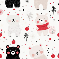 Cute bears in festive attire among red ornaments and trees on a white background in a playful winter pattern design