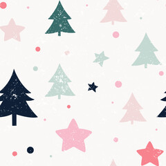 Obraz premium Colorful holiday-themed pattern with trees and stars on a light background. Vector Illustration