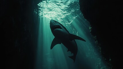 Obraz premium Majestic Shark Gliding Through Sunlit Waters