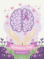 Epilepsy awareness month designs with purple ribbons and brain illustration