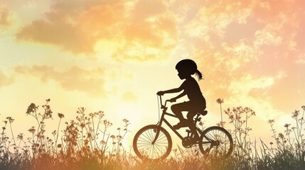 Fototapeta premium Silhouette of Child Riding Bicycle at Sunset