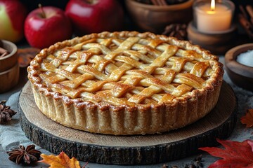 Apple pie decorated with lattice overhead shot, fall baking concept