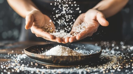 Hands Pouring Salt Over Plate in Kitchen Setting