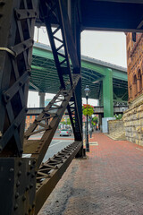 Fototapeta premium A bridge with a green roof and a metal railing. Main Street Station, Richmond. Virginia