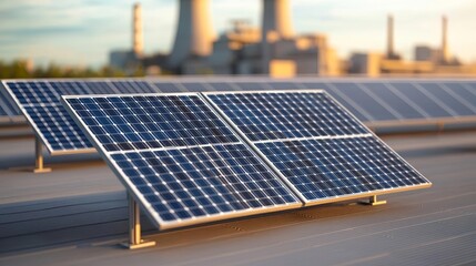 Energy transition captured at sunset, solar panels with industrial power plant backdrop
