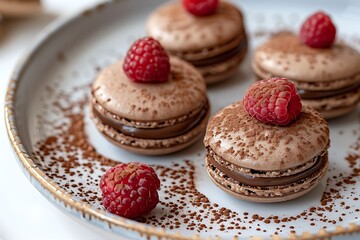 A plate of chocolate and raspberry macarons, each topped with a fresh raspberry and a dusting of cocoa powder