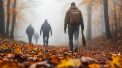 Hunting party walking through dense fog in autumnal forest, serene nature adventure