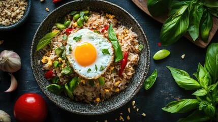 Delicious Rice Bowl with Fried Egg and Fresh Ingredients