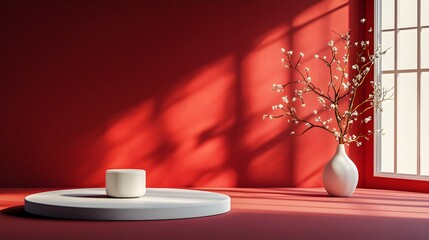 Opulent and Luxurious 3D Studio Interior featuring a Rich Burgundy Backdrop Minimal Product Podium and a Soft Shadow Overlay Across the Countertop