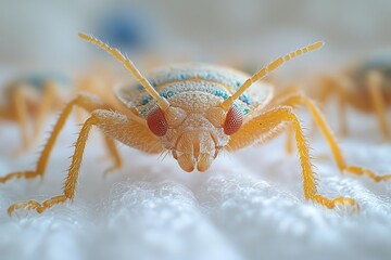 macro shot of bed bugs on white fabric intricate detail of exoskeletons antennae and legs unsettling realism neutral lighting for scientific clarity