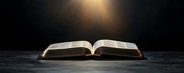 Open Bible under heavenly light, divine illumination concept, spiritual enlightenment