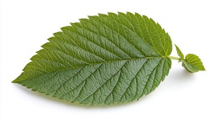 Fototapeta premium A single, green, serrated leaf isolated on a white background.