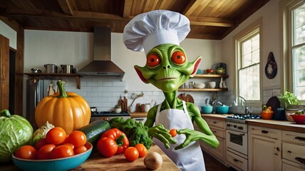 A colorful cartoon alien with oversized eyes and a chef hat, juggling giant vegetables while cooking in a whimsical kitchen