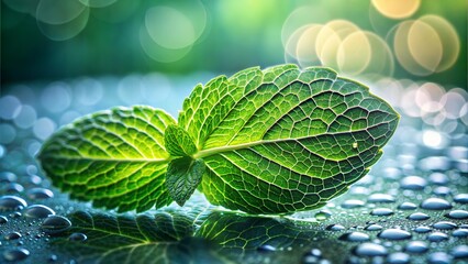 Fresh mint leaves with water droplets on reflective surface in natural light