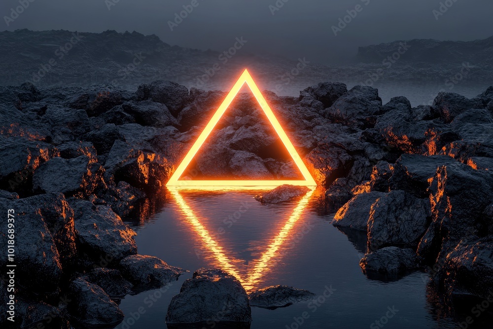 Wall mural 3d render, abstract futuristic background with glowing neon triangle, black stones rocks cobble and 