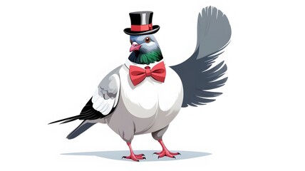 Charming Cartoon Pigeon Strutting with a Tiny Hat and Bow Tie and Elegant Expression