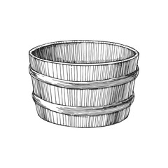 Vector hand-drawn illustration of wooden bucket isolated on white. Sketch of equipment of sauna in engraving style. © mashikomo
