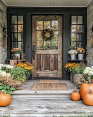 Naklejka premium Fall entrance decor with mums pumpkins and rustic elements