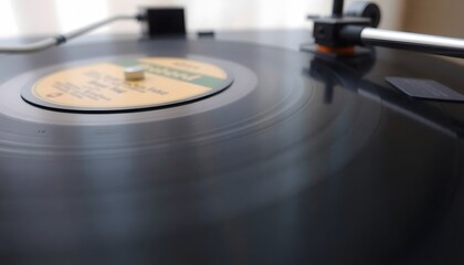 Close-Up of a Classic Vinyl Record with Vintage Texture and Musical Ambiance