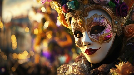 Naklejka premium A whimsical image of a person wearing a flamboyant Mardi Gras mask standing in front of a beautifully decorated float, embodying the festive atmosphere of the parade.