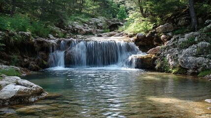 Fototapeta premium A small waterfall cascades into a clear pool of water surrounded by lush green trees and rocks.