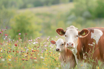 Two cows standing in a field of flowers