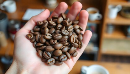 Close-Up of a Handful of Freshly Roasted Coffee Beans with Rich Aroma and Invigorating Texture