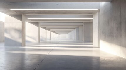 Obraz premium A 3D illustration and rendering of an abstract, architectural minimalistic background featuring a contemporary showroom. The scene showcases a modern concrete exhibition tunnel with clean lines 
