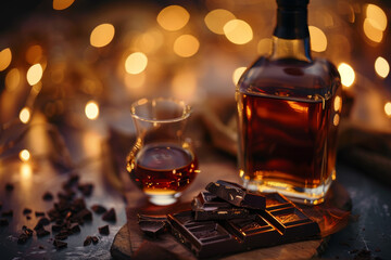 A bottle of liquor and a glass of liquor with a piece of chocolate on a table