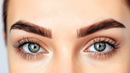 Obraz premium Close up of female eye with bright makeup and brush applying mascara on eyelashes