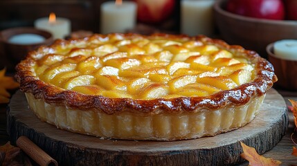 Apple pie decorated with lattice overhead shot, fall baking concept