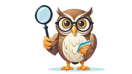 Fototapeta premium Curious Cartoon Owl Wearing Glasses and Holding a Magnifying Glass with Inquisitive Expression