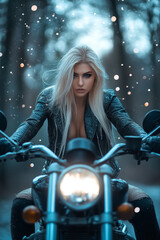 an attractive blonde woman in high heels on a motorcycle, blue, sparkles, bokeh