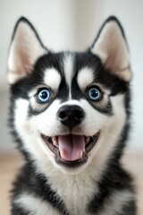 Fototapeta premium Close-up of a dog's face with blue eyes and a black-and-white head